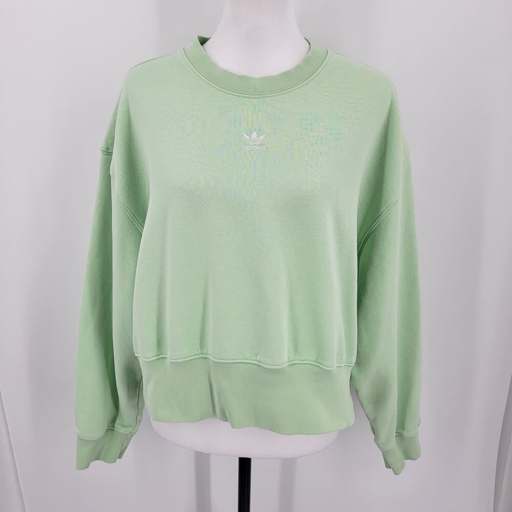 Adidas Sweatshirt Womens Medium Green White Trefoil Logo Boxy Fit Pullover